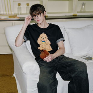 平纹全棉可爱小狗针织拼接潮牌夏短袖 PSO 女装 男装 情侣上衣 Brand