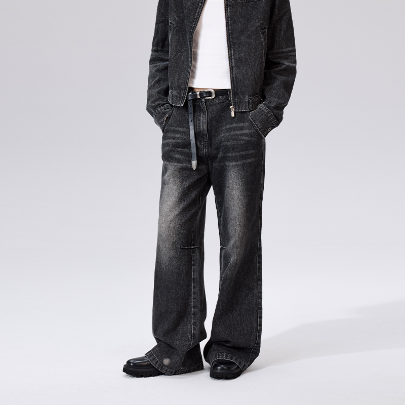 PSO Brand 黑色复古水洗做旧牛仔直筒阔腿长裤女款休闲百搭潮牌