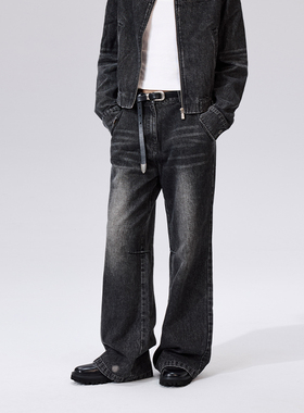 PSO Brand 黑色复古水洗做旧牛仔直筒阔腿长裤女款休闲百搭潮牌