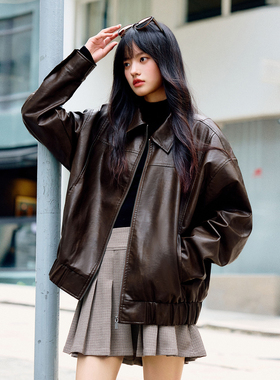 PSO Brand男装女装美式翻领宽松黑色皮衣外套飞行员夹克机车服