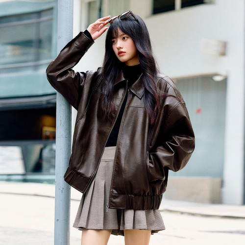 PSO Brand男装女装美式翻领宽松男士皮衣外套飞行员夹克机车服