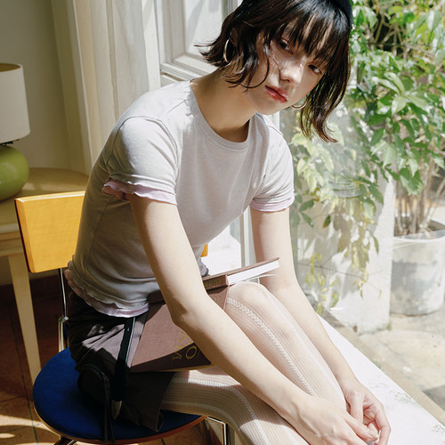 PSO Brand女装天丝羊毛蝴蝶结假两件撞色刺绣卷边夏季短袖T恤上衣