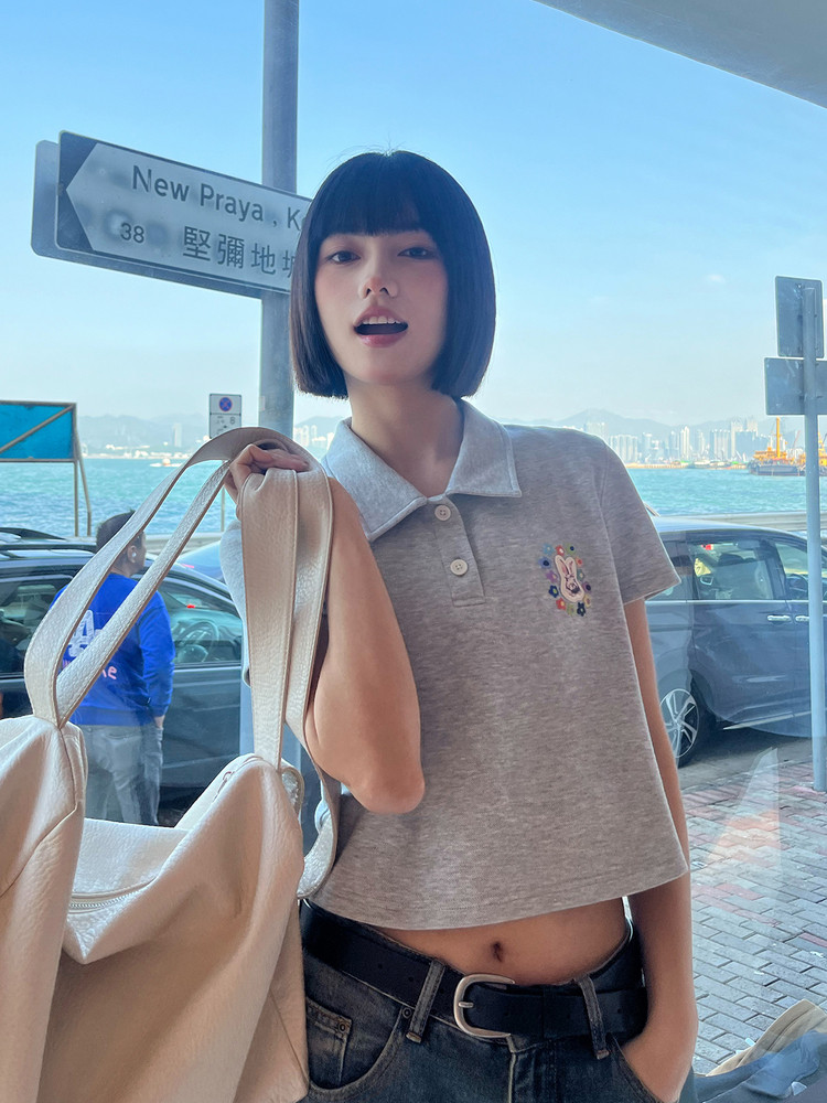 PSO BRAND 290G COOL COTTON PIQUE FABRIC FLOWER BUNNY SHORT SLEEVE POLO SHIRT WOMENS SUMMER LAPEL T-SHIRT