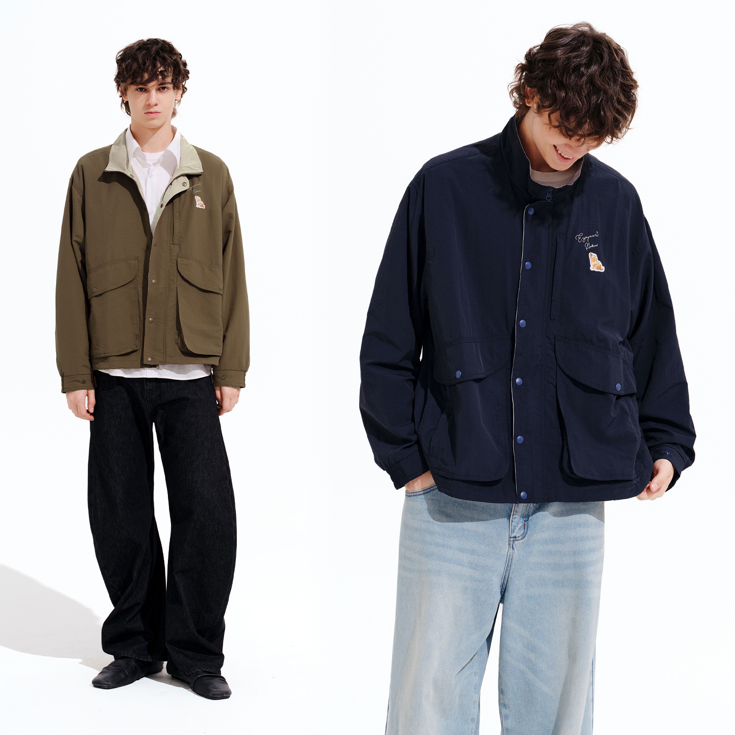 PSO Brand男装女装可爱小狗撞色立领风衣外套女休闲情侣夹克潮牌