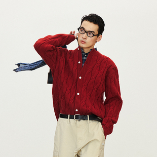 腈纶混纺麻花纹理红色针织开衫 女装 毛衣春秋毛线衣 Brand男装 PSO
