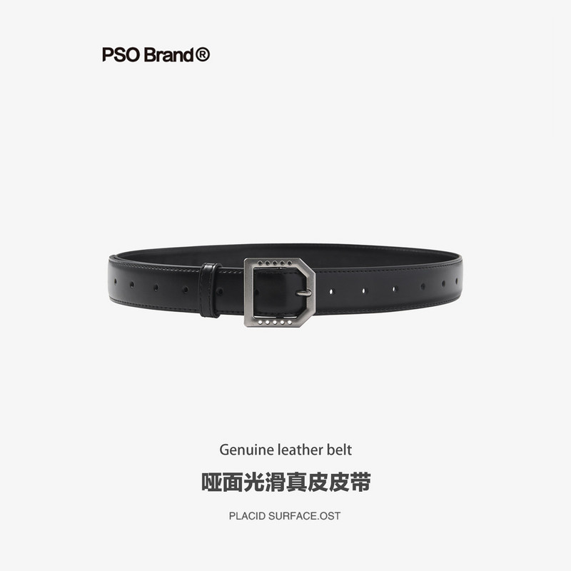 PSO Brand复古牛皮哑面黑色百搭腰带真皮皮带男款