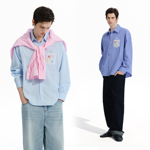 Brand 衬衫 男装 可爱编织口袋绣花格纹长袖 宽松翻领衬衣秋 女装 PSO