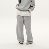 Brand女装 假两件拼接蕾丝边直筒灰色卫裤 宽松拖地裙裤 PSO 春季