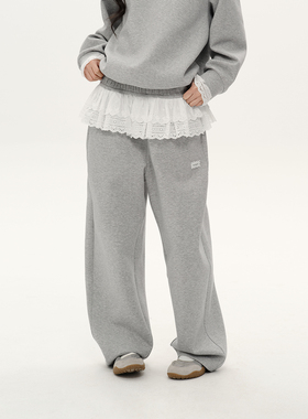 PSO Brand 女装假两件拼接蕾丝休闲直筒灰色卫裤宽松拖地裙裤秋季