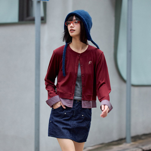 PSO Brand女装刺绣假两件拼格针织开衫外套打底内搭上衣时尚春季