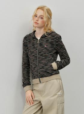 PSO Brand女装条纹撞色连帽黑色卫衣女款修身显瘦上衣休闲外套