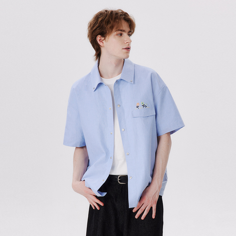 PSO Brand男装女装180克牛津纺花花刺绣休闲宽松短袖衬衫夏季衬衣