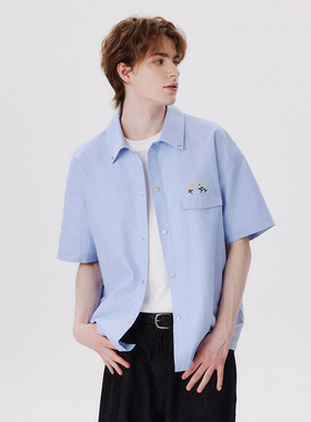 PSO Brand男装女装180克牛津纺花花刺绣休闲宽松短袖衬衫夏季衬衣