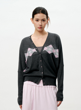 PSO Brand女装薄款菱格撞色V领灰色毛衣开衫宽松休闲针织衫外套