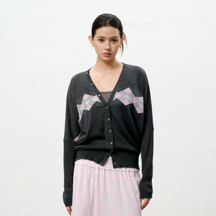 宽松休闲针织衫 PSO 菱格撞色V领灰色毛衣开衫 薄款 外套 Brand女装