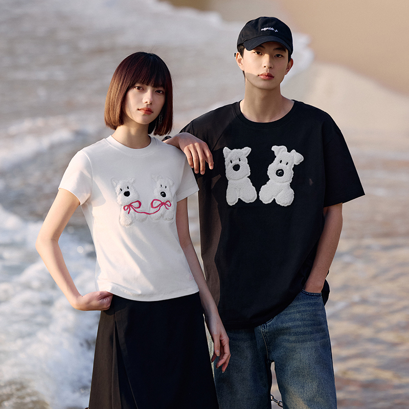 周深同款PSO Brand男女装纯棉可爱贴布绣小狗短袖夏季情侣半袖T恤