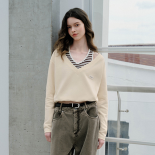 挂脖上衣短款 假两件条纹V领休闲卫衣女款 外套潮牌 Brand女装 PSO