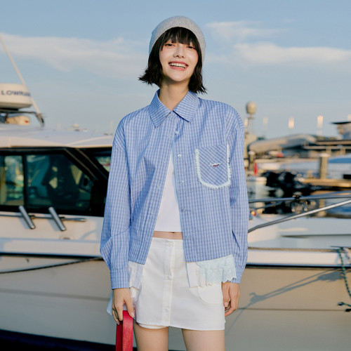 PSO Brand 女装【假两件】色织格纹衬衫拼接蕾丝花边长袖衬衣外套