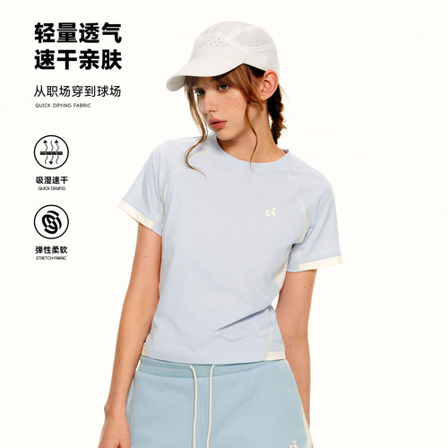 PSO Brand女装复古圆领透气速干运动短袖女t恤短款修身体恤上衣