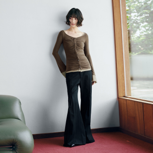 长袖 PSO 修身 假两件撞色褶皱针织开衫 一字肩上衣百搭秋 Brand女装