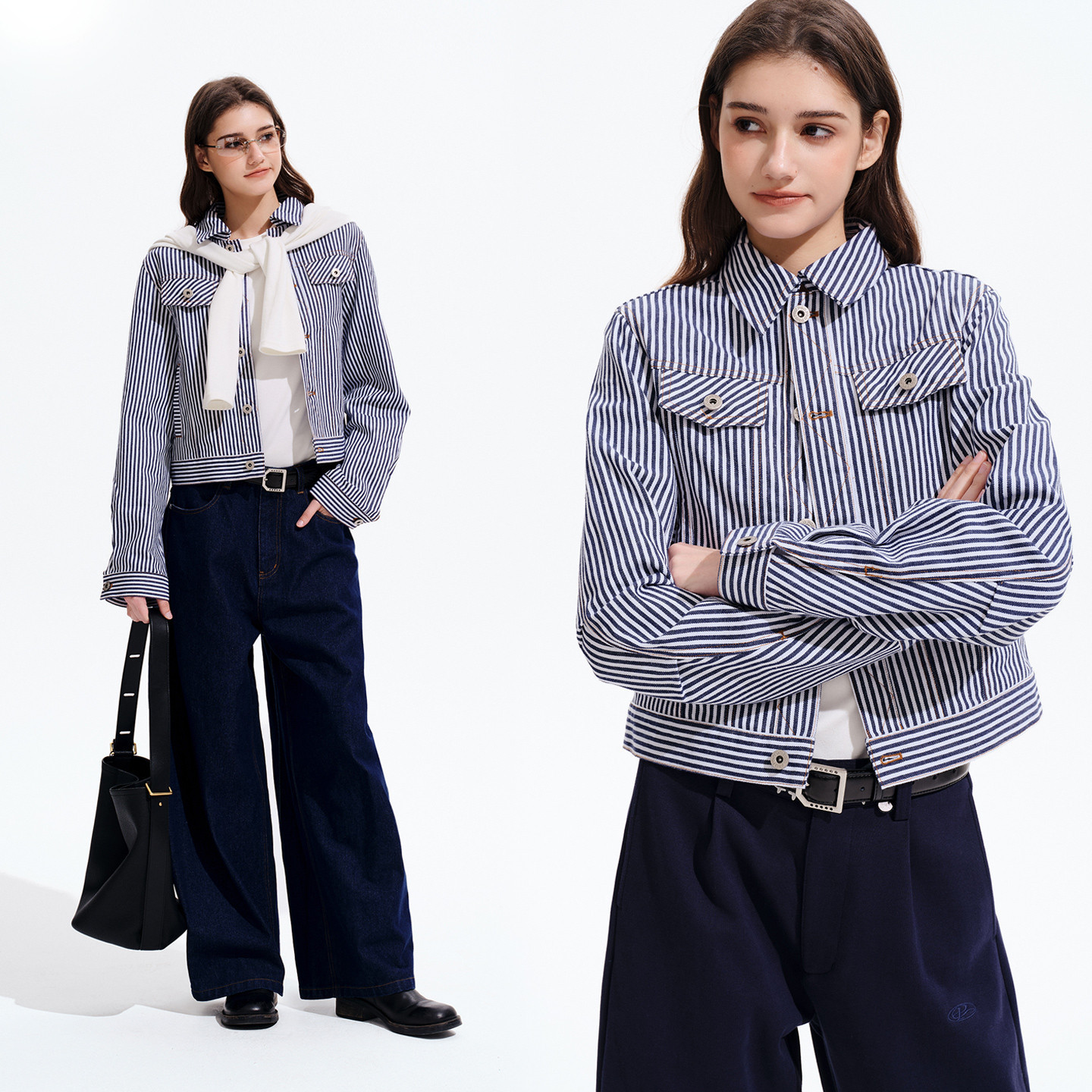 PSO Brand女装色织竖条纹翻领休闲女士短外套修身显瘦夹克潮牌