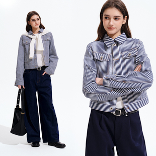 显瘦夹克潮牌 色织竖条纹翻领休闲女士短外套修身 PSO Brand女装