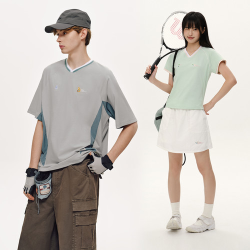 PSO Brand 男装女装运动小狗撞色V领户外速干短袖T恤宽松半袖上衣