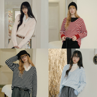撞色条纹宽松长袖 羊毛V领针织衫 毛衣外套秋冬百搭潮 Brand女装 PSO