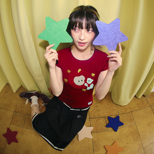 PSO Brand男装女装可爱毛绒苹果小狗圆领短袖T恤修身显瘦女款上衣