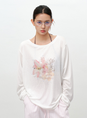 PSO Brand女装薄款透气大领口宽松白色长袖t恤女休闲斜肩罩衫春季