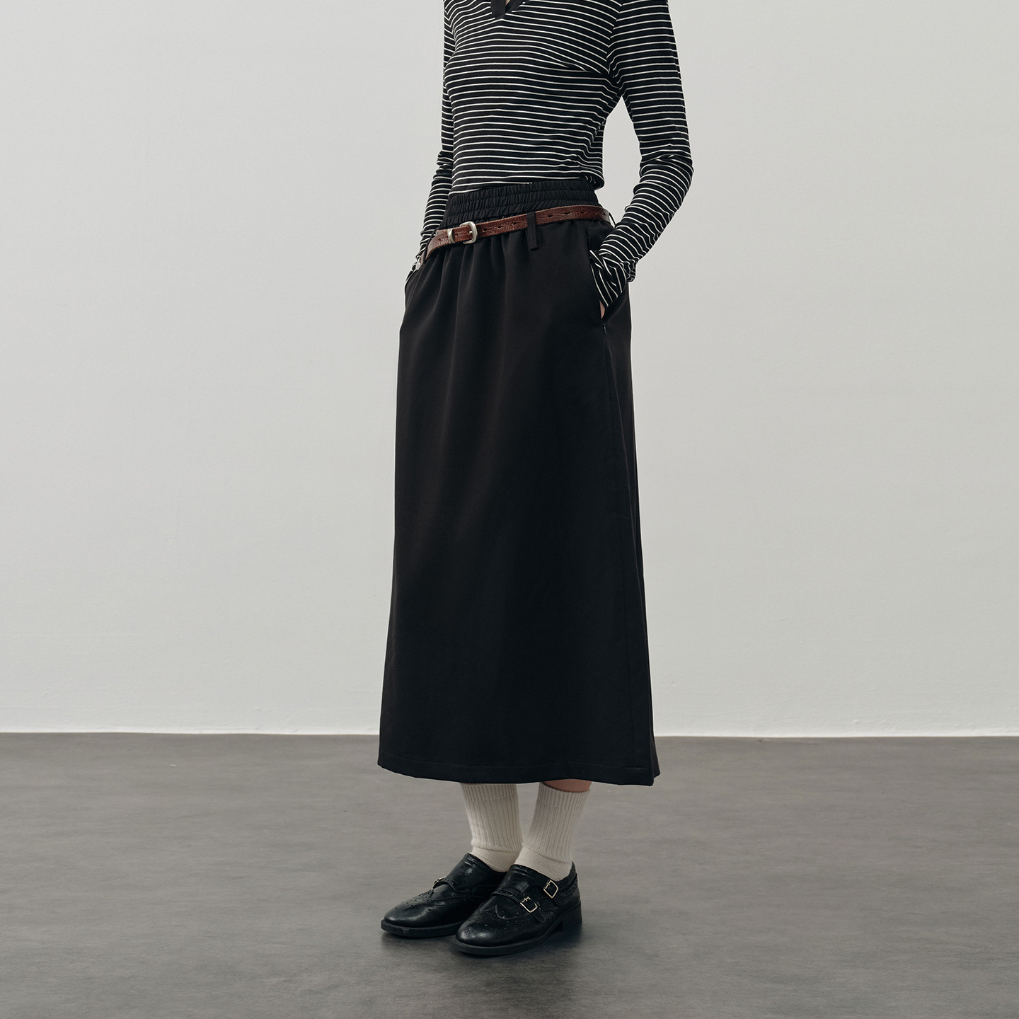 PSO Brand女装黑色中长款直筒A字半身长裙休闲宽松开衩西装裙百搭