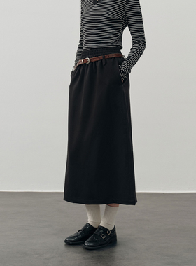 PSO Brand女装黑色中长款直筒A字半身长裙休闲宽松开衩西装裙百搭