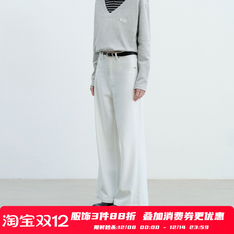 PSO Brand女装复古水洗宽松直筒白色牛仔裤女款阔腿休闲长裤潮牌