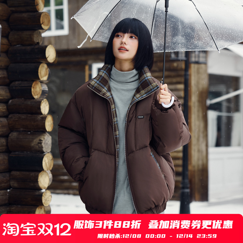 PSO Brand男装女装双面穿三防90绒防风防水格子棕色羽绒服女外套