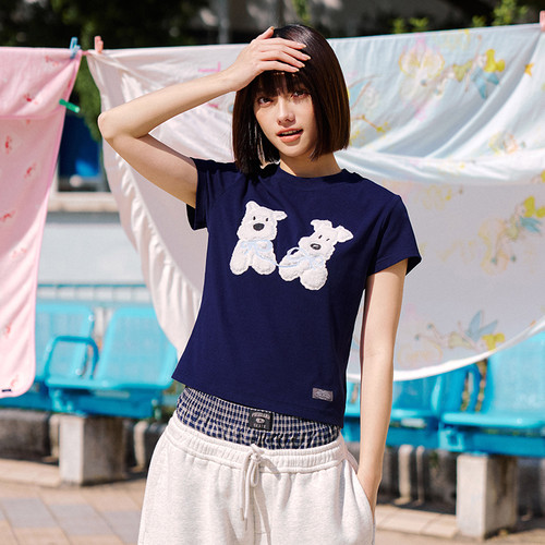 PSO Brand 女装可爱贴布绣小狗针织短袖休闲半袖正肩女T恤夏季潮