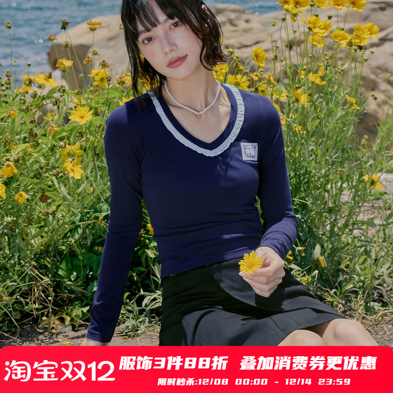 PSO Brand 女装格纹小狗棉罗纹花边修身长袖V领上衣正肩女T恤百搭