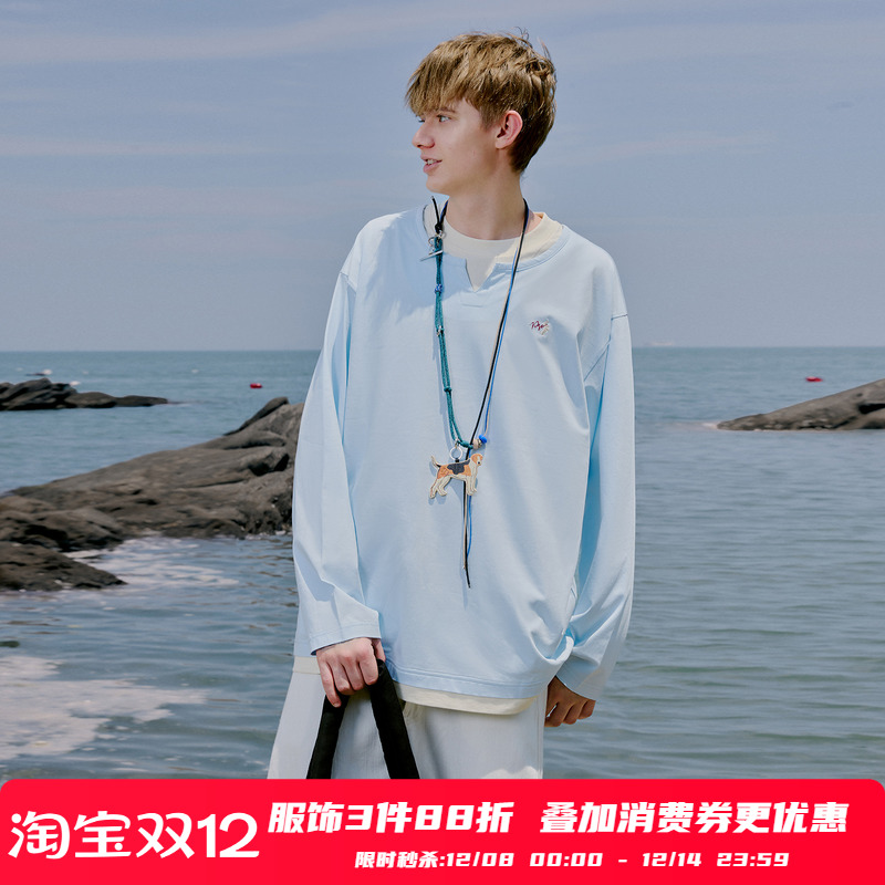 PSO Brand 男装女装假两件索罗娜针织刺绣小狗撞色v领上衣情侣T恤