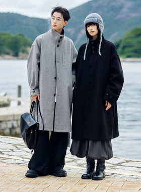 PSO Brand男装女装呢子中长款宽松立领黑色大衣仿呢情侣外套秋冬