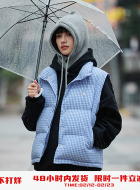 PSO Brand 女装蓝色格子马甲保暖棉衣外套立领坎肩背心棉服女款