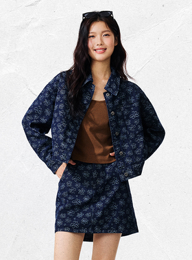 PSO Brand 水洗蓝色提花牛仔夹克修身短外套女长袖夹克上衣设计感