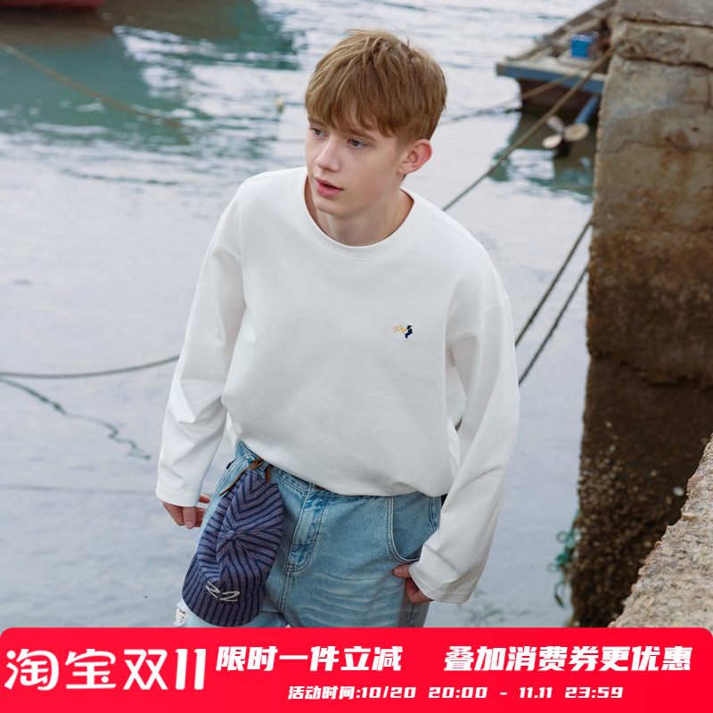 PSO Brand 男装女装可爱腊肠小狗刺绣圆领情侣长袖T恤宽松上衣秋