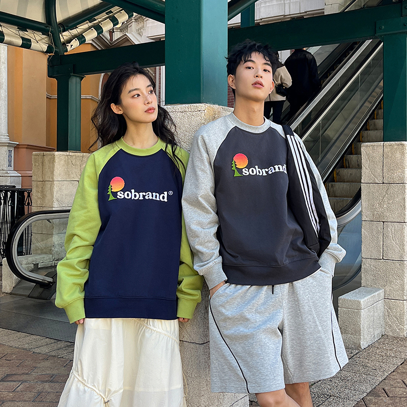 PSO Brand男装女装轻抓绒撞色立体牙刷绣插肩袖长袖卫衣T恤情侣