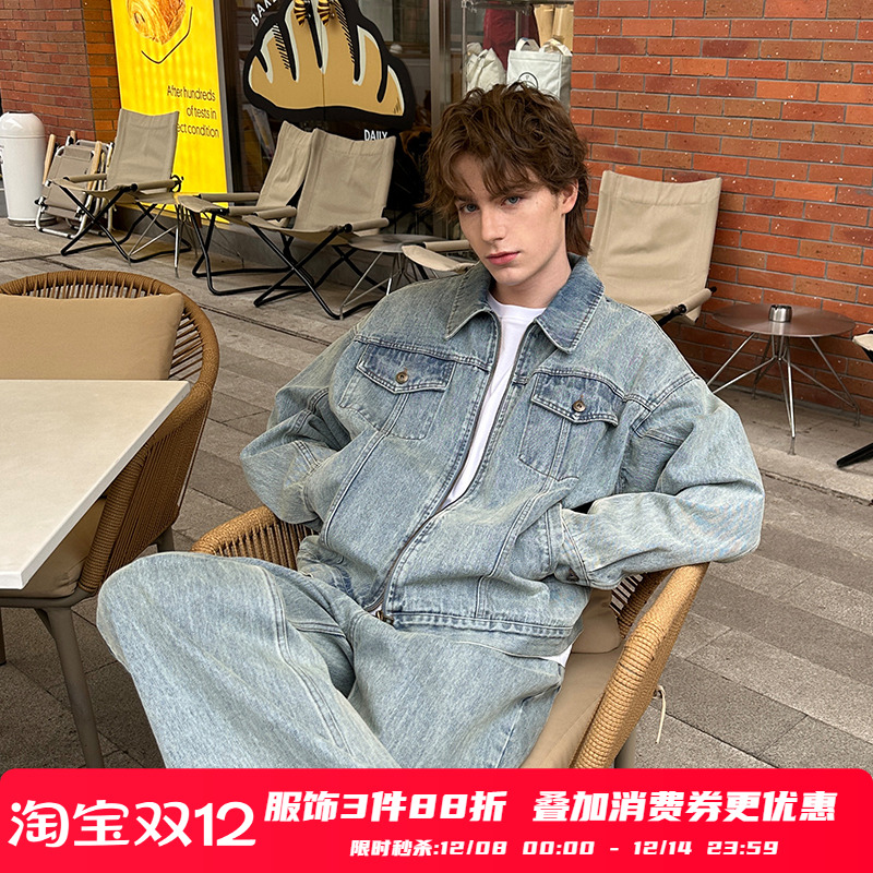 PSO Brand男装女装复古翻领蓝牛仔拉链夹克外套上衣休闲宽松秋季