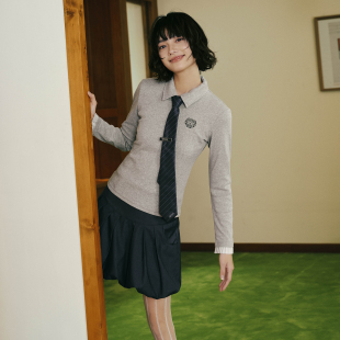 美式 Brand 上衣百搭秋季 PSO 长袖 学院风翻领花边POLO衫 女装 女修身