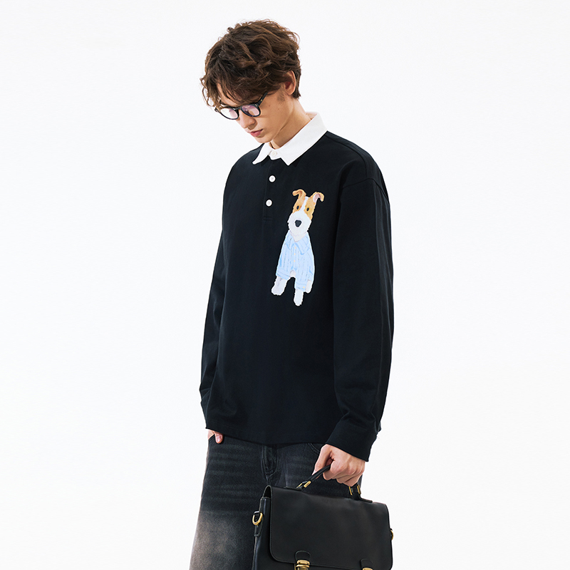 PSO Brand男装女装360克针织衬衫小狗撞色领长袖POLO上衣衬衣潮牌