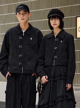 PSO Brand男装女装黑色压褶风衣肌理拉链夹克外套情侣上衣宽松潮