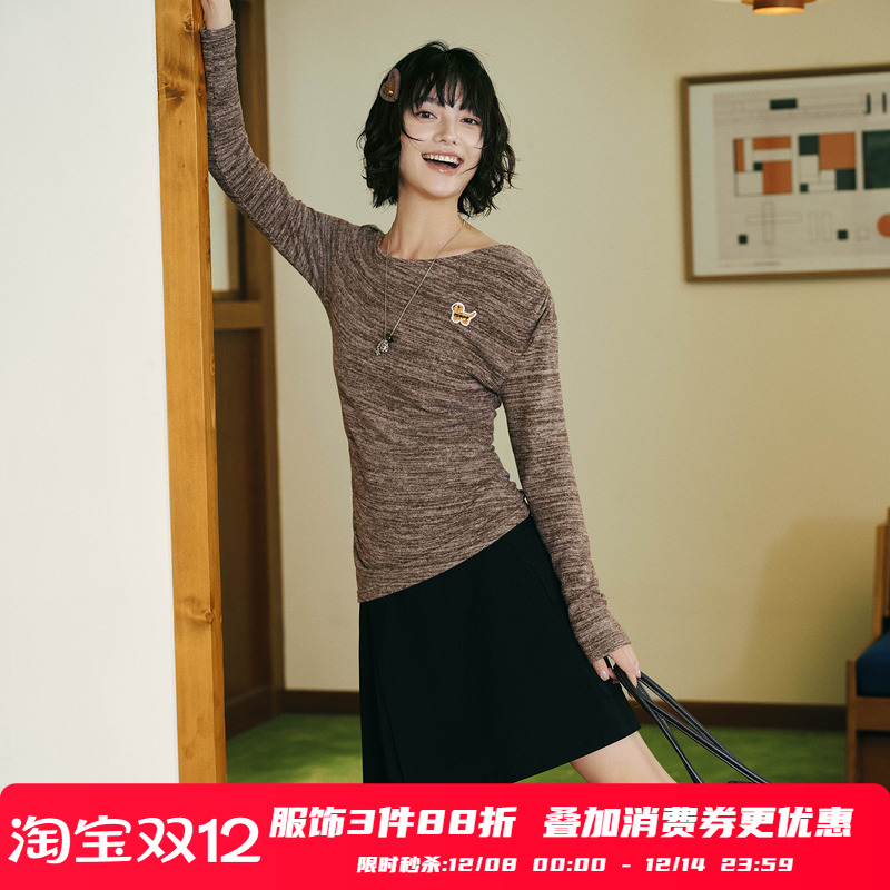 PSO Brand女装可爱金毛小狗斜肩修身针织长袖T恤女上衣休闲百搭秋