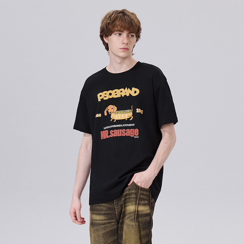 PSO Brand男装女装美式趣味小狗圆领短袖五分T恤宽松夏季半袖上衣