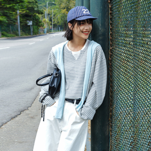 Brand男装 T恤休闲上衣情侣装 女装 针织条纹套头长袖 假两件 PSO