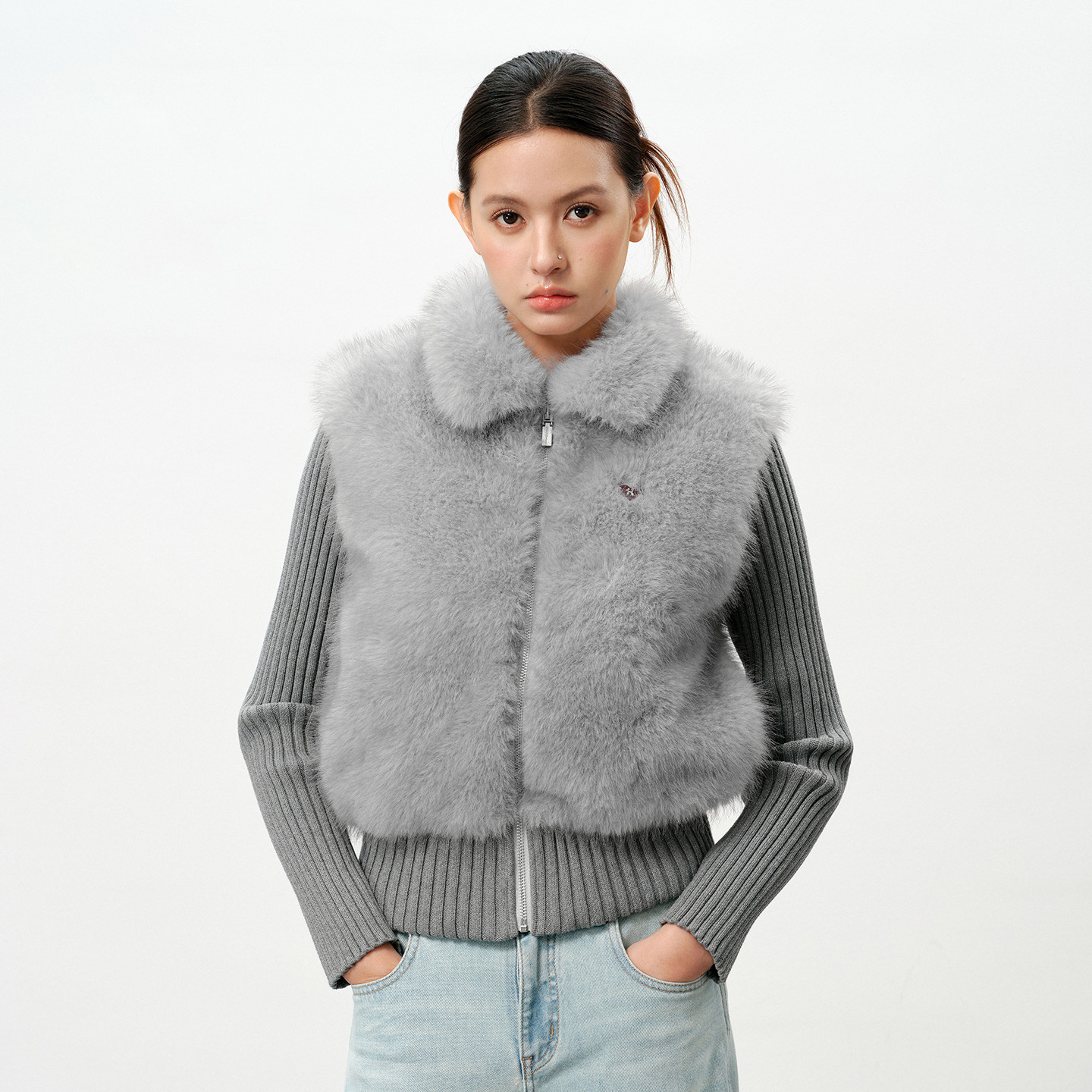 PSO Brand 女装爱心小狗翻领绒面针织拼接夹克保暖毛毛外套女冬季